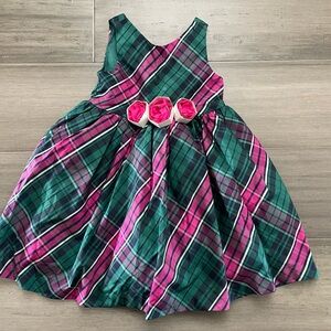 New Janie and Jack Toddler Girls Green/Pink Plaid Dress with Floral Belt - sz 3